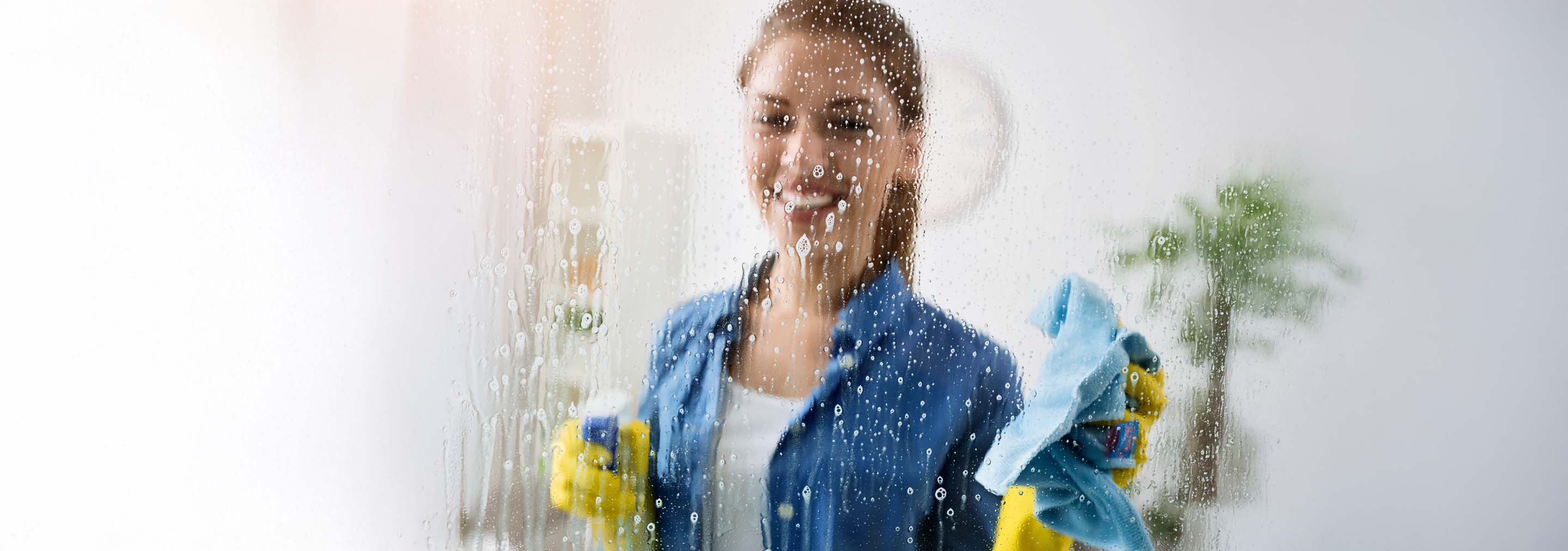 Kvinna torkar sina duschdörrar